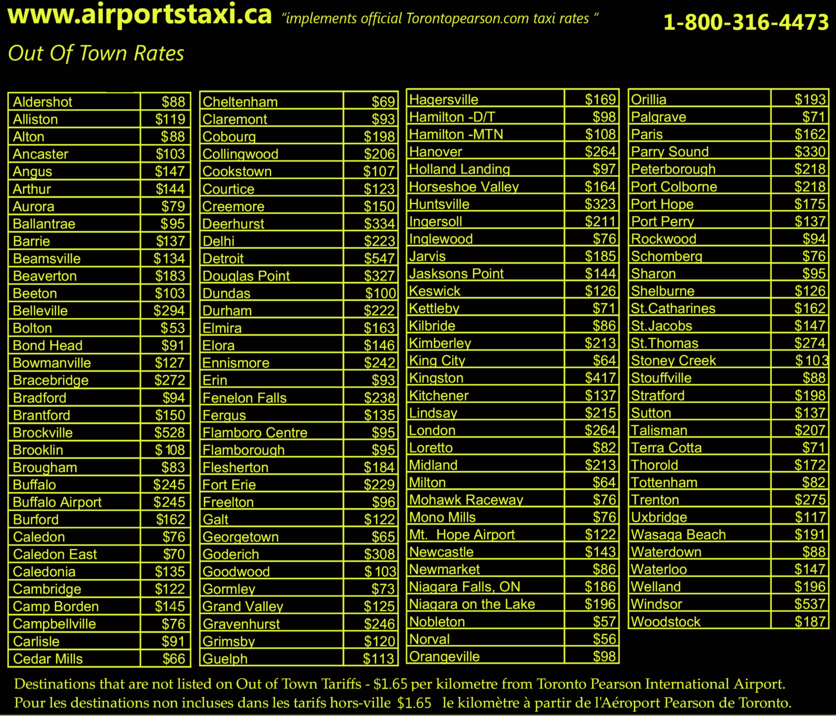 Out of Town Airport taxi rates